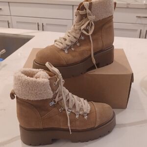 New Steve Madden Reyen Lace Up Combat Boot Tan Suede Oatmeal Suede
